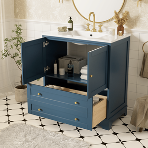 Combo da bagno moderno da 30 pollici con lavello in ceramica, armadietto e manici in oro, chiusura morbida delle porte blu - Product Image 1