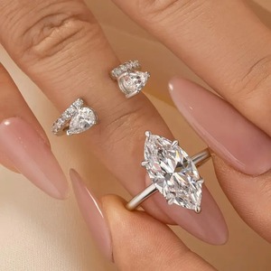 925 Moissanite Marquise Cut Hidden Halo Engagement <b>Ring</b> with Pear Cut <b>Open</b> Wedding Band in Yellow & White Gold Plated for Women - Product Image 2