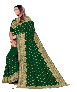 Sari de seda verde con bordado dorado para fiestas de boda, ropa tradicional india y pakistaní para mujer, listo para enviar. - Product Image 2