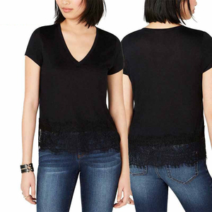 Camiseta de manga corta con cuello en V 100% algodón para mujer, personalizada, lisa, con estampado a cuadros, apliques, nueva, elegante y personalizada. - Product Image 3