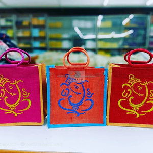 Sac en jute indien écologique Contraste Ganesha Print Handbag Été/Automne Mariage Retour Sacs-cadeaux Noël/Anniversaire/Fête - Product Image 2