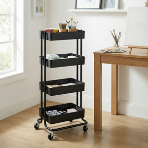 Black 4-Tier Metal Storage Cart with <b>Wheels</b> Movable Multilayer Organizer for Home Office Use - Product Image 2