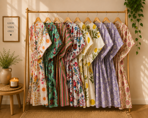 Vestido Kaftán de Algodón Tejido con Estampado Floral y Manga Murciélago con Cuello en V Maxi para Mujer al por Mayor |   Pareo de Playa Estilo Boho |   Ecológico - Product Image 1