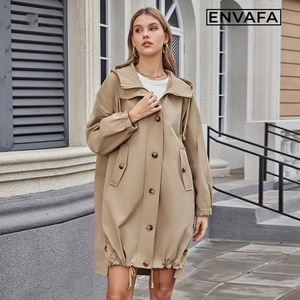 Gabardina Impermeable y Cortavientos para Mujer, Color Caqui, con Capucha, Estilo Moderno, con Cierre y Botones, de Poliéster - Product Image 2
