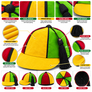 Casquette d'honneur unisexe en velours rouge, jaune et vert, avec passepoil noir et pompon, idéale pour les cérémonies scolaires, sportives et de présentation. - Product Image 5