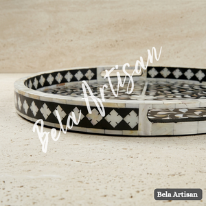 Plateau de service rond décoratif fait main en bois avec incrustation de nacre, motif végétal, décoration d'intérieur, cadeau de mariage - Product Image 3