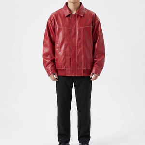 Chaqueta de Cuero PU Extra Grande para Hombre de Alta Calidad, Transpirable, con Costuras en Contraste, Corte Holgado, Cuello Camisero, Rojo Vintage - Product Image 2