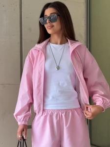 Women's <b>Pink</b> Two-Piece <b>Tracksuit</b> Set Full Sleeve Zipper Sporty Shorts Outfit Spring Summer Loose Fit Solid Color Woven Polyester - Product Image 6
