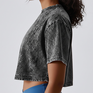 Summer Acid Wash Solid Vintage Casual <b>Top</b> for Women 100% Cotton Regular Fit Knee Knitting Short Sleeve T-Shirt Digital Printing - Product Image 2