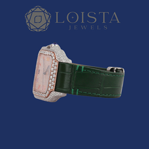 LOISTA Montre mécanique de luxe, boîtier rectangulaire en or blanc, lunette sertie de diamants, bracelet en cuir, cadran analogique, 38 mm, unisexe - Product Image 3