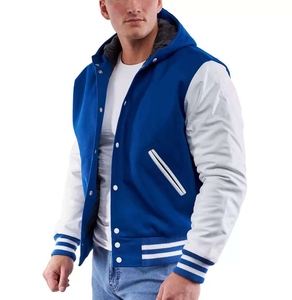 Men's Blue Varsity <b>Jacket</b> With Hood White Sleeve Button Closure Casual Outerwear Regular Fit Autumn Wear - Product Image 1