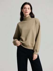 Womens Beige Oversized <b>Mock</b> <b>Neck</b> Sweatshirt Premium Heavyweight Fleece Long Sleeve Pullover Minimalist Casual <b>Top</b> - Product Image 1