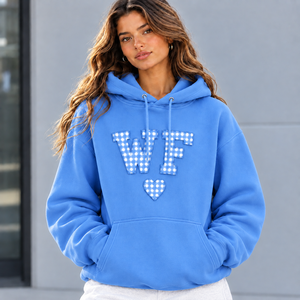 Trendy Women's Hoodie with Gingham Plaid <b>Applique</b> <b>Letter</b> Printed Vintage Varsity Style Hooded Sweatshirt Regular Fit Autumn Wear - Product Image 4