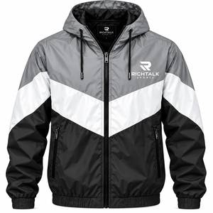 Blouson bomber à capuche pour homme, coupe-vent, color block, fermeture éclair frontale, rouge, blanc, bleu, style sportif automne - Product Image 3