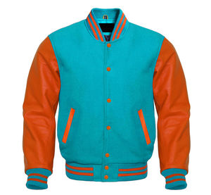 เสื้อแจ็คเก็ตวาร์ซิตี้สีส้มเทอร์ควอยซ์สำหรับผู้ชาย แขนหนัง PU ทรงปกติ ปกคอพับ ติดกระดุม สวมใส่สบายๆ ในฤดูใบไม้ร่วง - Product Image 4