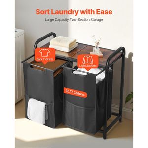 Grande portaoggetti autoportante 2 sezioni 600D cestini in tessuto Oxford da tavolo estraibile in legno con struttura metallica per lavanderia - Product Image 3