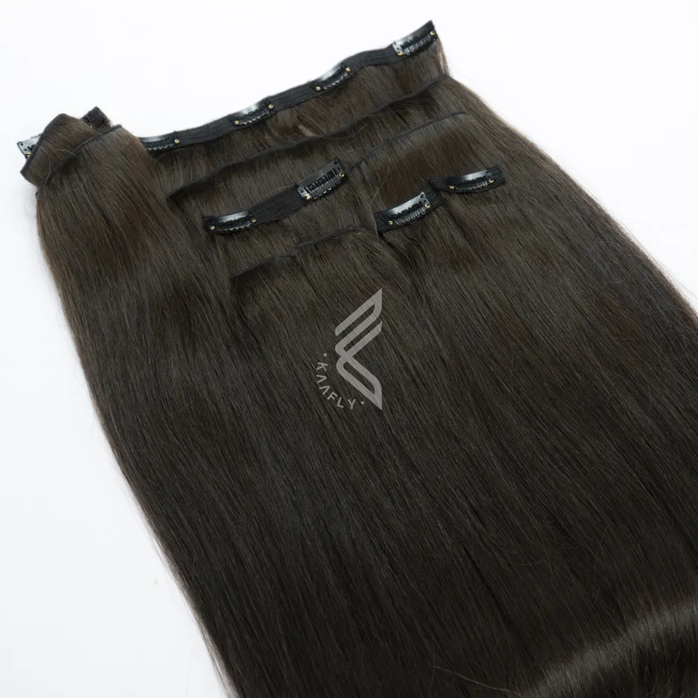 Rambut manusia coklat tua alami klip bundel Remy dalam 100% ekstensi rambut manusia Remy 8-24 inci
