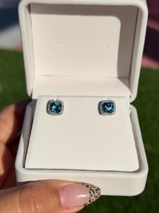 2.20 Carat London Blue Topaz & Diamond Halo <b>Stud</b> Earrings – 14K White Gold - Product Image 3