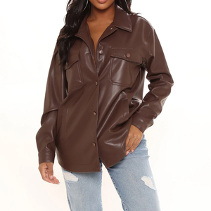 <b>Women's</b> Brown Faux <b>Leather</b> Long Sleeve Shirt With Pockets Turn Down Collar Casual <b>Top</b> - Product Image 5
