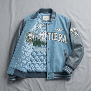 <b>Mens</b> Light <b>Blue</b> Gray Leather Sleeve Jacket Mountain Embroidery Custom Bomber Streetwear Snap Button Premium Outerwear - Product Image 6
