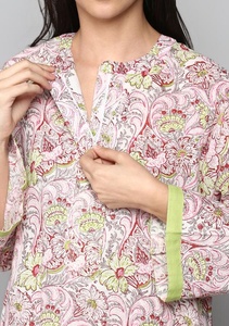 Frais nouveau Stock ivoire main bloc imprimé 100% coton parole longueur salon porter avec rouge vert imprimés floraux manches longues Zip - Product Image 5