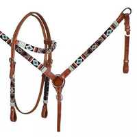 Ensemble de harnais équestre de qualité supérieure, fait main, orné de perles et de motifs, avec franges colorées, pour cheval de style western, comprenant une têtière à une oreille et une brassière