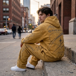 Men's <b>Yellow</b> <b>Tracksuit</b> Oversized Hoodie Sweatpants Set Streetwear <b>Tracksuit</b> Custom Embroidery Logo Heavyweight Cotton - Product Image 3