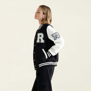Women's Casual <b>Varsity</b> <b>Jacket</b> Black White Letter R Front Embroidery Short Sleeve Stand Collar Regular Fit Autumn Winter Knitted - Product Image 2