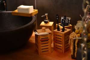 Wooden Bathroom Set Six Piece Rectangle Minimalist Style <b>Soap</b> Dish Toothbrush <b>Holder</b> Dispenser With Pump Easy To Clean - Product Image 3