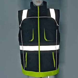 Chaleco de Seguridad Reflectante de Alta Visibilidad para Hombre, Ropa de Trabajo de Poliéster, Negro y Verde Lima, Chaleco de Seguridad con Bolsillos a Rayas y Cierre Frontal - Product Image 5