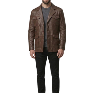Chaqueta de Cuero Genuino Marrón para Hombre, Estilo Casual, Cuello Camisero, Cierre de Botón, Múltiples Bolsillos - Product Image 1