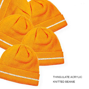 Gorros de punto jacquard impermeables de alta calidad, gorro con puño, nuevo diseño, color naranja fluorescente, acrílico reflectante - Product Image 5