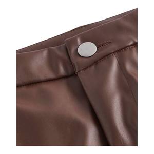 Pantalon femme taille haute en similicuir PU, coupe droite décontractée, respirant, plissé devant, braguette boutonnée, marron, grande taille - Product Image 4