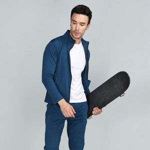 Chándal Azul Marino Personalizado para Hombre, Manga Larga, Informal, para Otoño, con Bolsillos Laterales, Corte Regular, Color Sólido, Cierre de Cremallera Frontal - Product Image 3