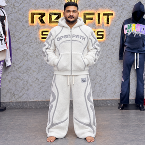 Custom Unisex Sherpa Fleece <b>Full</b> <b>Zip</b> <b>Hoodie</b> Wide Leg Sweatpants Set Textured Warm Custom Label Casual Tracksuit OEM Manufacturer - Product Image 1