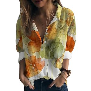 Camisa Western de Mujer con Estampado Floral, Cuello con Botones y Mangas Largas Enrolladas, Corte Holgado - Product Image 1
