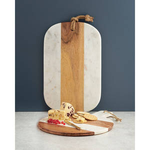 Tabla de cortar hecha a mano de mármol blanco y madera de acacia, elegante bandeja de servir de doble material con asa interior. - Product Image 6