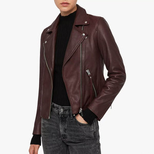 Chaqueta de Motociclista de Cuero Genuino para Mujer, Color Borgoña, Cierre de Cremallera, Manga Larga, Estilo Moto, Ropa de Abrigo para Otoño - Product Image 3