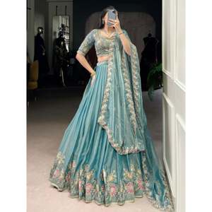 Hermoso Lehenga Choli de Organza Azul Cielo con Tejido Zari para Compromiso - Product Image 2