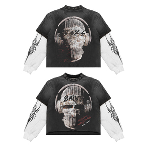 Long sleeve double arm shirts wholesale unisex distressed shirts rhinestone work on shirts best manufactured double layer tshirt - Product Image 3