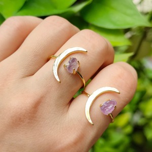 925 Sterling Silver Raw Amethyst <b>Moon</b> <b>Ring</b> Natural Rough Crystal Prong Set Certified Gold Vermeil Handmade Boho Gemstone <b>Ring</b> - Product Image 2