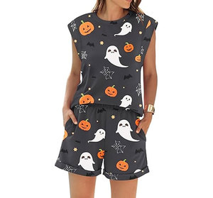 Conjunto de pantalones cortos sin mangas con estampado de dibujos animados de Halloween para mujer, conjunto informal holgado de dos piezas con cuello redondo y bolsillos - Product Image 3