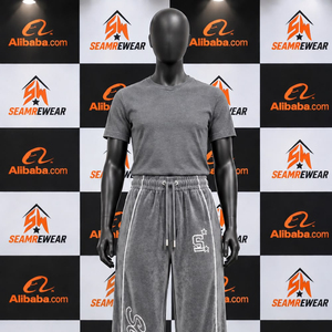 <b>Men's</b> Gray Cotton Spandex Sweatpants Elastic Waist Drawstring Casual <b>Pants</b> With <b>White</b> Stripes And Logo On Right Leg - Product Image 1
