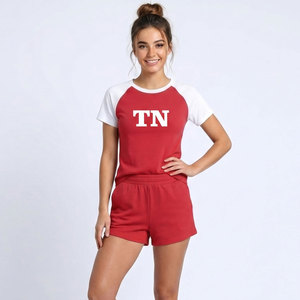 Customized Women Pink Raglan T-Shirt and Shorts <b>Set</b> Crew Neck Short Sleeve Casual Summer Outfit Printed Letter Design - Product Image 4