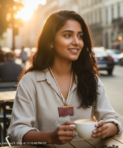 Colgante de madera de mango hecho a mano con detalles rojos y tapa de cobre grabada a mano en cordón de algodón de longitud media. - Product Image 6