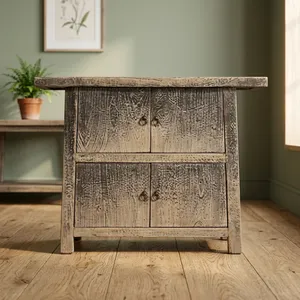 Rustic Solid Wood Living Room <b>Cabinet</b> With 4 Doors Antique Finish Handmade <b>Storage</b> Furniture For Home Decor - Product Image 4