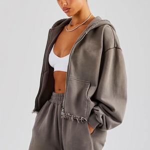Nuevo Artículo Sudadera con Capucha y Cremallera Oversize Gris para Mujer, con Estampado de Letras Frontales, de Forro Polar, de Manga Corta y Largo Regular, para Otoño - Product Image 5