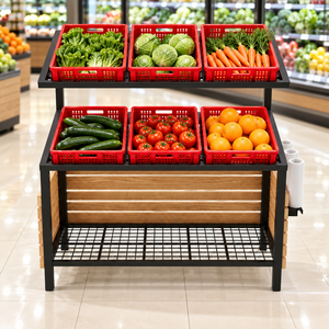 Estante Metálico de 2 Niveles NEWTEK para Exhibición de Productos en Supermercados, con Rejilla Independiente y Soporte para Bolsas en la Parte Trasera y Lateral - Product Image 4