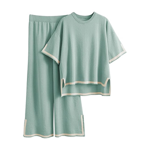 Ensemble de survêtement décontracté pour femme en coton bleu à manches courtes, col rond, coupe ample, respirant, couleur unie, pantalon long, idéal pour l'été - Product Image 2