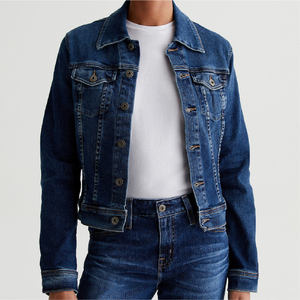 Wholesale Custom Women's Vintage Dark <b>Wash</b> Slim Jean Jacket Stretch Denim Cotton Chest Pockets Adjustable <b>Tabs</b> Button Decoration - Product Image 1
